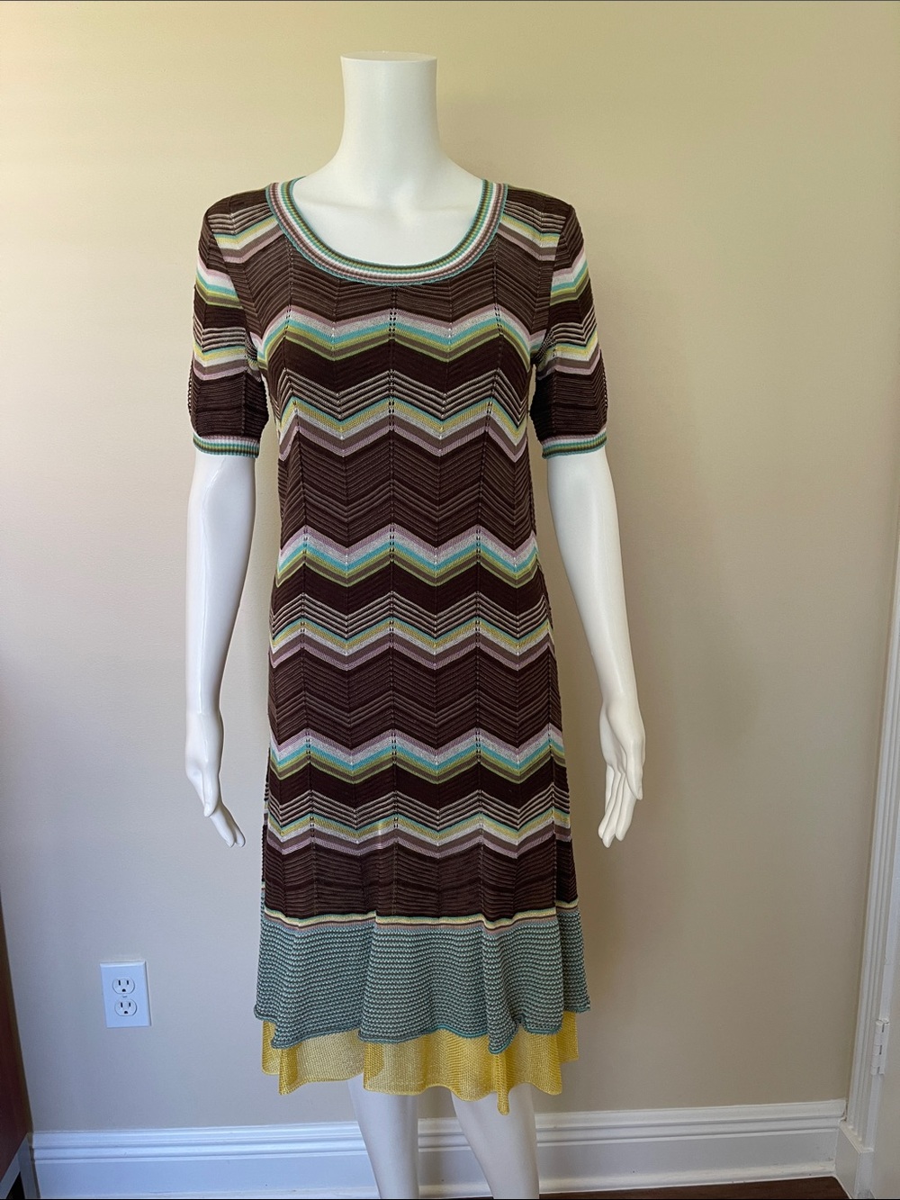 Authentic Missoni Brown Chevron Knit Midi Dress with Multicolor Stripes